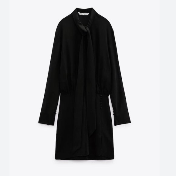 Zara Mini Dress Long Sleeve Buttons Neck Tie Black Y2K Academia Goth Size S - Picture 13 of 13